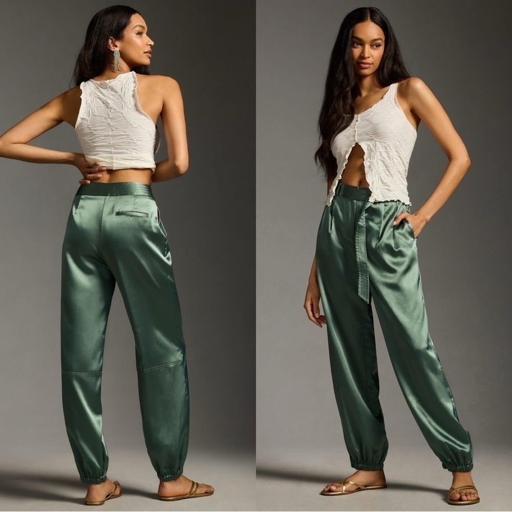 ANTHROPOLOGIE Maeve Parachute Satin Jogger Belted Green Pants Sz 14